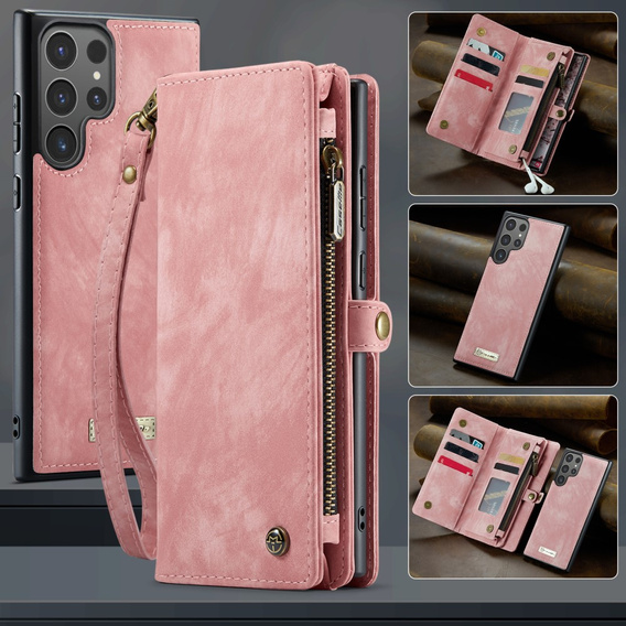 Husă CASEME pentru Samsung Galaxy S25 Ultra, Retro Leather Wallet, cu curea de umăr, roșu
