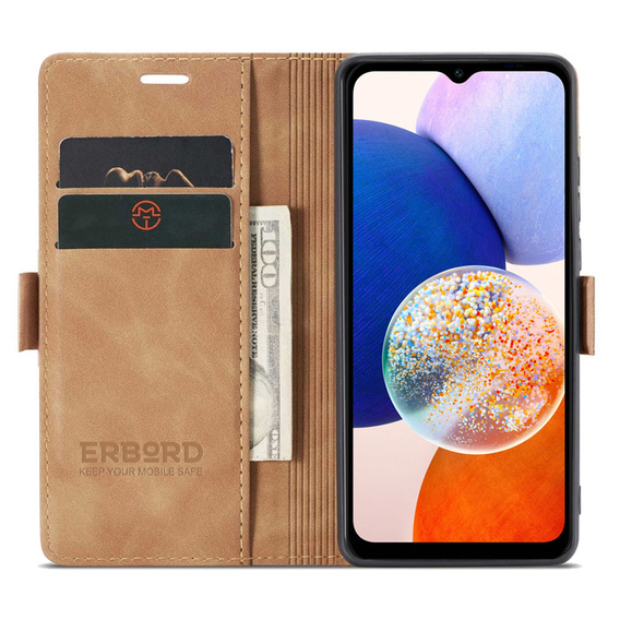 Husă pentru Samsung Galaxy A14 4G/5G, ERBORD Vintage, portofel cu clapetă, maro