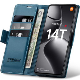 Husă pentru Xiaomi 14T, ERBORD Glossy Litchi, portofel cu clapetă, albastru
