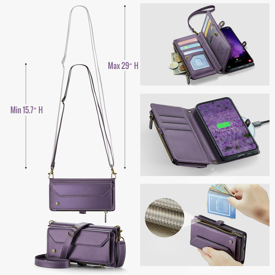 Husă CASEME pentru Samsung Galaxy S25 FE, RFID Leather Wallet, cu curea de umăr, violet