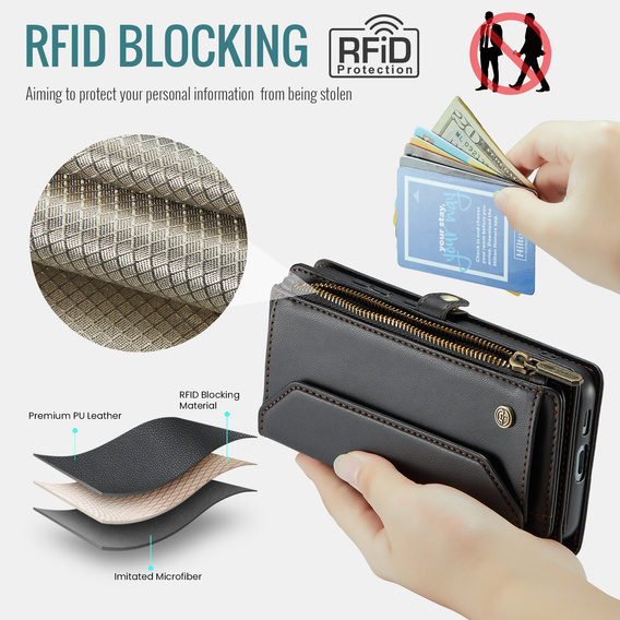 Husă CASEME pentru Samsung Galaxy S25 FE, RFID Leather Wallet, cu curea de umăr, negru