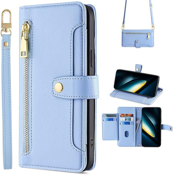 Cu clapetă pentru Xiaomi Poco F6 Pro, Wallet Zipper Pocket, albastru