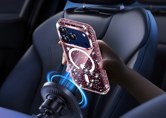 Husă pentru iPhone 17 Pro, pentru MagSafe, glitter, roz transparent