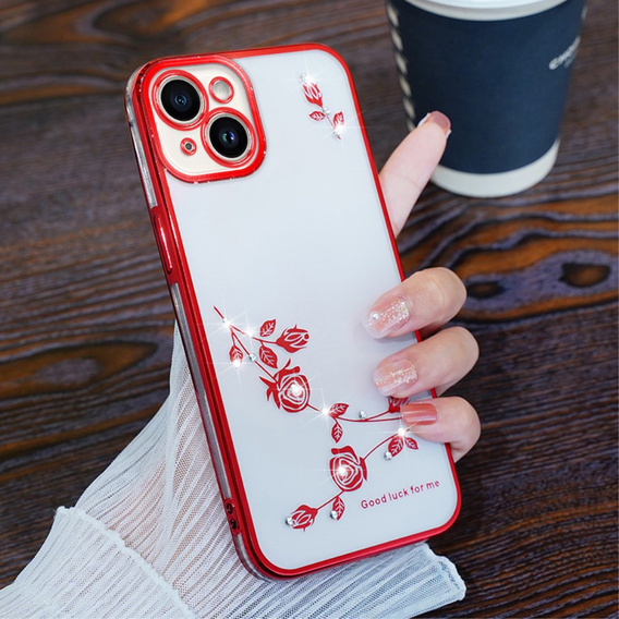 Husă pentru iPhone 15 Plus, Glitter Flower, roșu