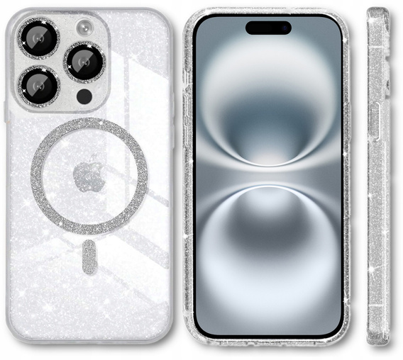 Husă pentru iPhone 16 Pro, ERBORD Glitter MagSafe, transparentă + Sticlă pentru ecran