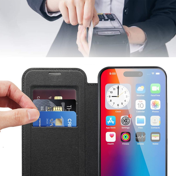 Cu clapetă pentru iPhone 16, RFID Wallet MagSafe CamShield, negru