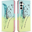 Cu clapetă pentru Samsung Galaxy S23 FE, Wallet, Feather albastru / galben