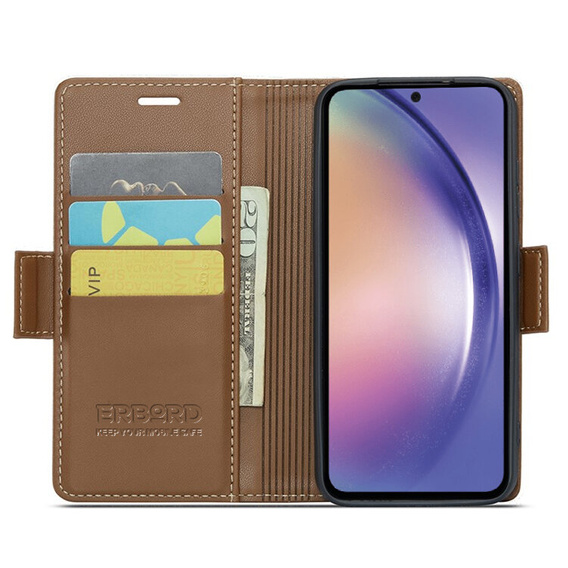 Husă pentru Samsung Galaxy A55, ERBORD Glossy Litchi, portofel cu clapetă, maro