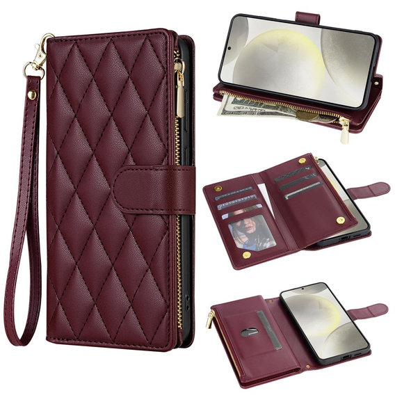 Husă cu clapetă pentru Samsung Galaxy A56 5G, Rhombus Crossbody Leather, maroon