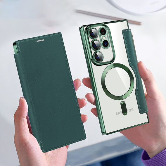 Cu clapetă pentru Samsung Galaxy S23 Ultra, RFID Wallet MagSafe CamShield, verde