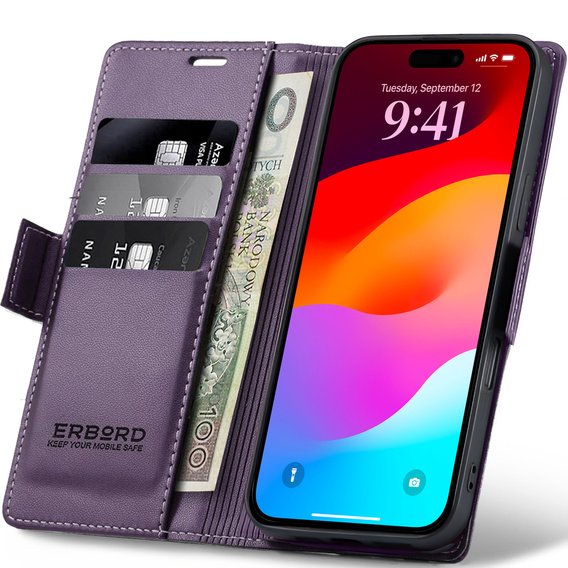 ERBORD Carcasă de portofel Glossy Litchi cu clapetă pentru iPhone 17 Pro Max