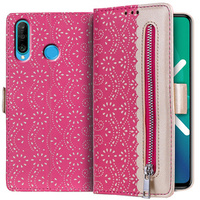 Carcasă cu clapetă pentru Huawei P30 Lite, Wallet Pocket Zipper Lace, roz