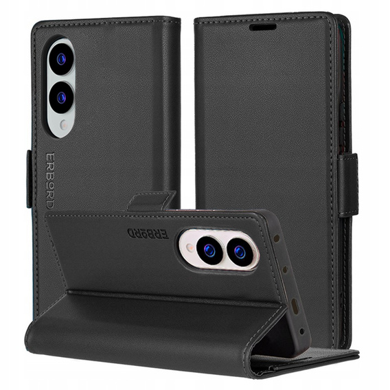 Husă pentru Samsung Galaxy S25 Edge, ERBORD Glossy Litchi, portofel cu clapetă, negru