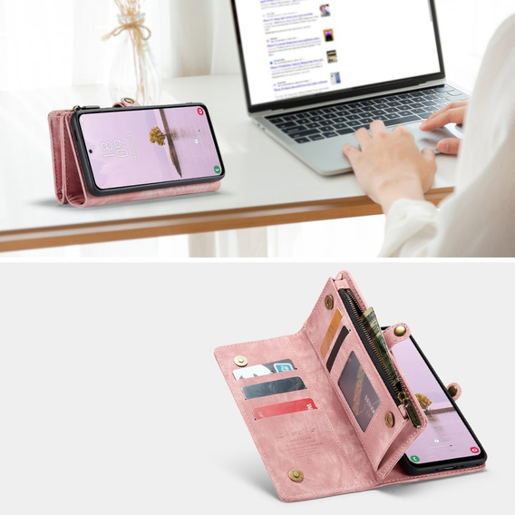 Husă CASEME pentru Samsung Galaxy A56 5G, Retro Leather Wallet, cu curea de umăr, roz