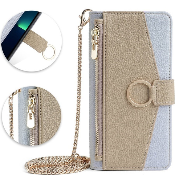 Carcasă flip pentru iPhone 15, Wallet Zipper Pocket, cu oglindă, albastru