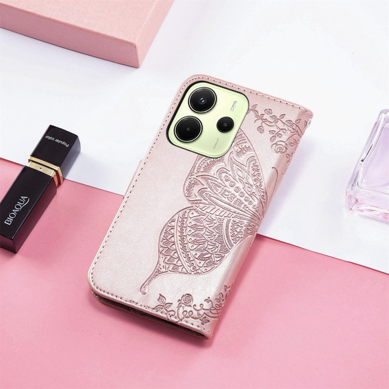 Cu clapetă pentru Xiaomi Redmi Note 14 4G, Butterfly, roz rose gold