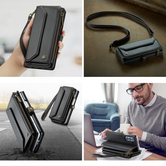 Husă CASEME pentru Samsung Galaxy Z Fold6 5G, RFID Leather Wallet, cu curea de umăr, negru