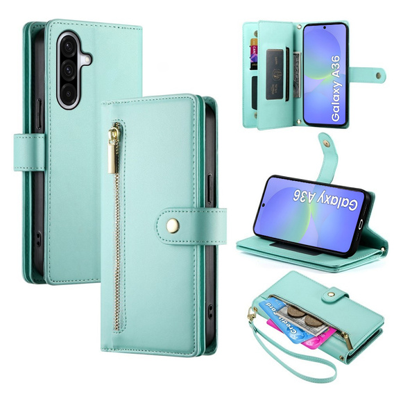Cu clapetă pentru Samsung Galaxy A36 5G, Wallet Zipper Pocket, verde