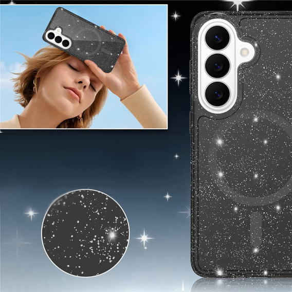 Husă cu sclipici, pentru MagSafe pentru Samsung Galaxy S26, transparentă/neagră