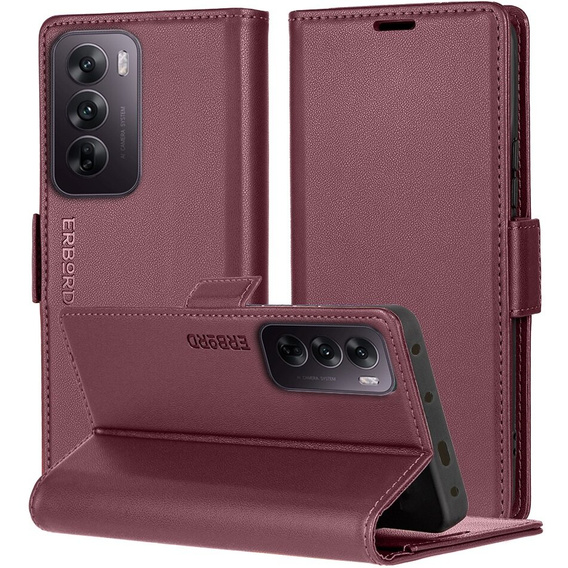 Husă pentru Oppo Reno 12 Pro, ERBORD Glossy Litchi, portofel cu clapetă, roșu