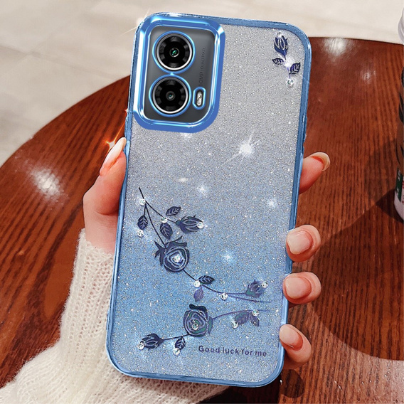 Husă pentru Motorola Moto G24 / G24 Power / G04, Glitter Flower, albastru