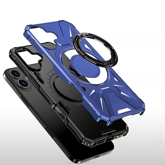 Carcasă pentru iPhone 16, blindată cu suport și placă pentru mâner, albastru