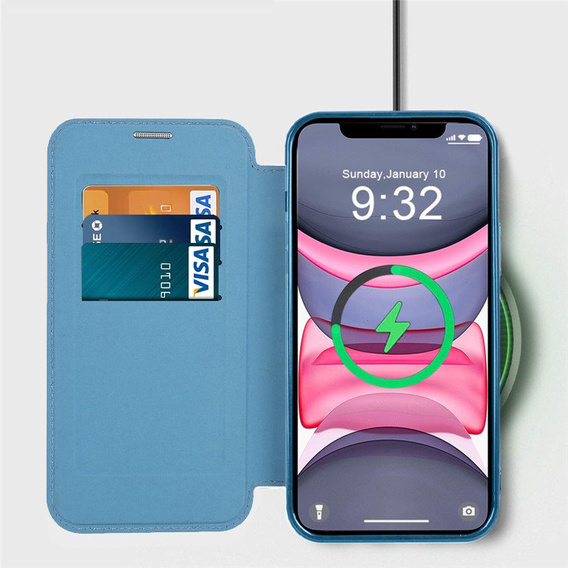 Cu clapetă pentru iPhone 14, RFID Wallet MagSafe CamShield, albastru