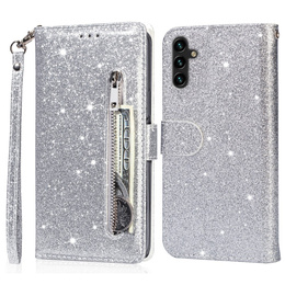 Cu clapetă pentru Samsung Galaxy A56 5G, Wallet Zipper Pocket Glittery, de argint