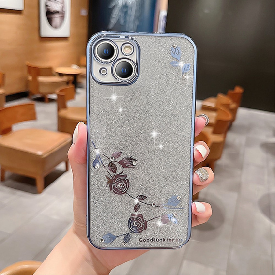Husă pentru iPhone 14 Plus, Glitter Flower, albastru