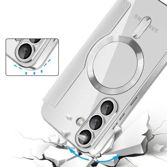 Cu clapetă pentru Samsung Galaxy S25, RFID Wallet MagSafe CamShield, de argint