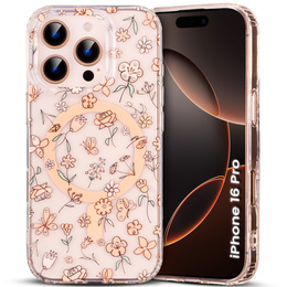 Husă magnetică cu model floral realizat cu laser pentru iPhone 16 Pro