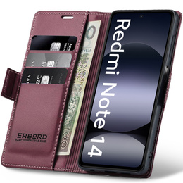 Husă pentru Xiaomi Redmi Note 14 5G, ERBORD Glossy Litchi, portofel cu clapetă, roșu