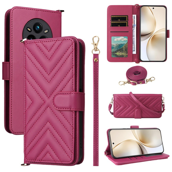 Carcasă cu clapetă pentru Realme 14 Pro+ 5G, Crossbody Leather Wallet, roz închis