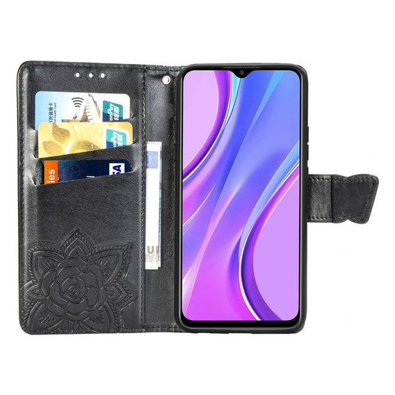 Cu clapetă pentru Xiaomi Redmi 9, Butterfly, negru