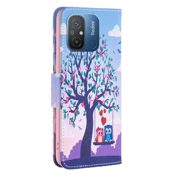 Cu clapetă pentru Xiaomi Redmi 12C, Wallet, tree & owls, albastru