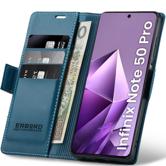 Husă pentru Infinix Note 50 Pro, ERBORD Glossy Litchi, portofel cu clapetă, albastru