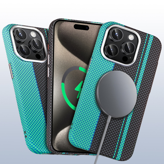 Carcasa pentru iPhone 15 Pro Max, Carbon Fiber MagSafe, negru / albastru