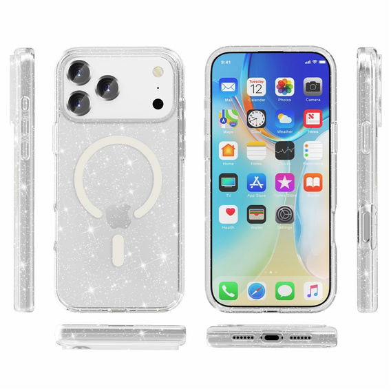 Husă pentru iPhone 17 Pro Max, pentru MagSafe, glitter - transparentă