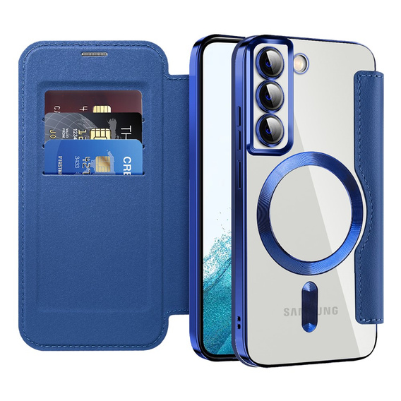 Cu clapetă pentru Samsung Galaxy S22 5G, RFID Wallet MagSafe CamShield, albastru închis