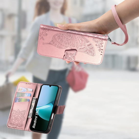 Cu clapetă pentru Xiaomi Redmi 15C 4G/LTE, Butterfly, roz rose gold