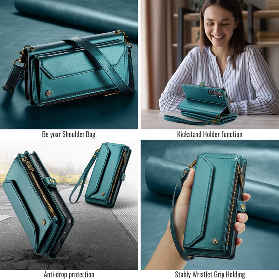 Husă CASEME pentru Samsung Galaxy S25 FE, RFID Leather Wallet, cu curea de umăr, verde