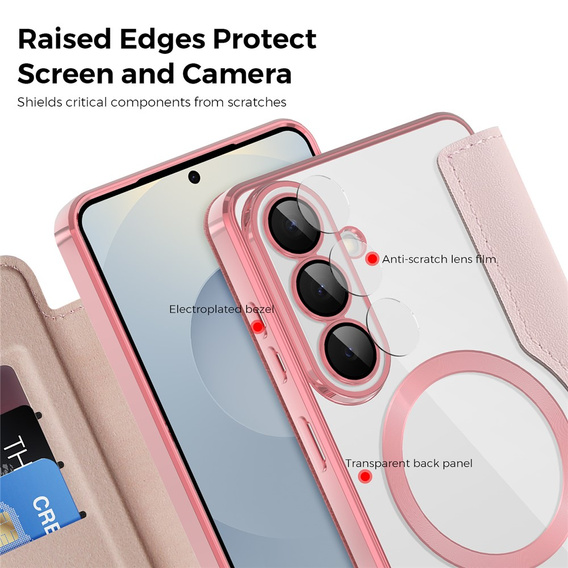 Husă RFID Wallet MagSafe Flip cu protecție pentru cameră pentru Samsung Galaxy S26, roz