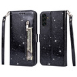 Cu clapetă pentru Samsung Galaxy A35 5G, Wallet Zipper Pocket Glittery, negru