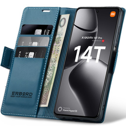 Husă pentru Xiaomi 14T Pro, ERBORD Glossy Litchi, portofel cu clapetă, albastru