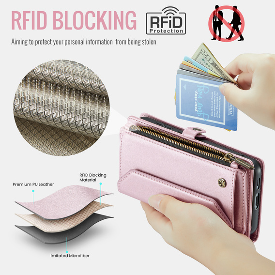 Husă CASEME pentru Samsung Galaxy S25 FE, RFID Leather Wallet, cu curea de umăr, roz