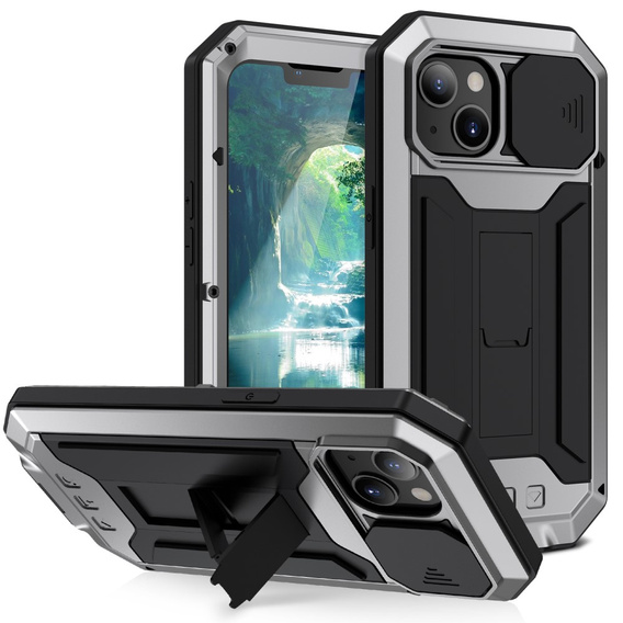 Husă pentru iPhone 13, R-JUST CamShield Slide, armată, de argint / negru