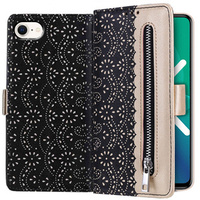 Carcasă cu clapetă pentru iPhone 7/8/SE 2020/SE 2022, Wallet Pocket Zipper Lace, negru