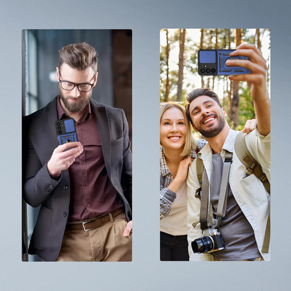 Husă blindată pentru Samsung Galaxy A17 5G, cu protecție pentru cameră, cu suport, albastru