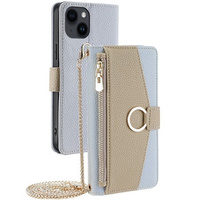 Carcasă flip pentru iPhone 14, Wallet Zipper Pocket, cu oglindă, albastru