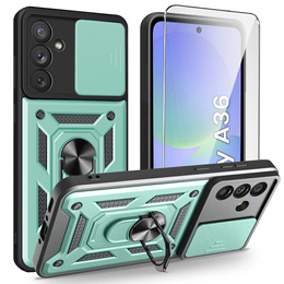 Carcasă blindată pentru Samsung Galaxy A36, CamShield Slide, verde + sticlă călită 9H